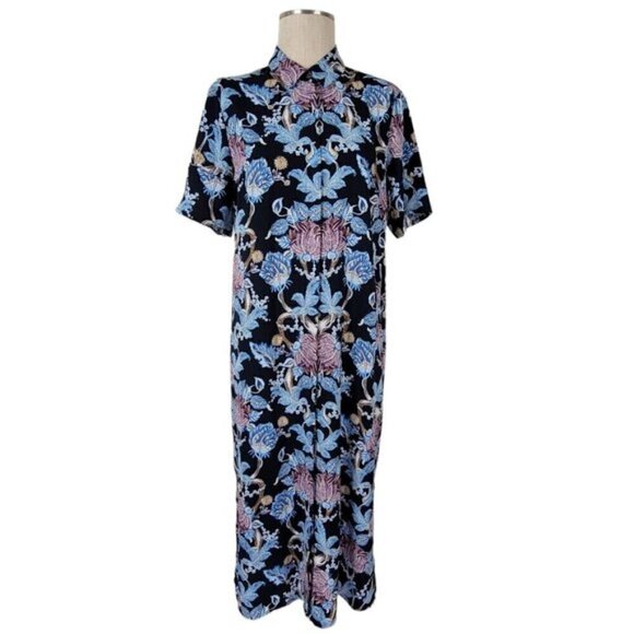 Vince Camuto Midi Dress Size M Hidden Button Front Half Sleeve Navy Floral - Picture 1 of 9